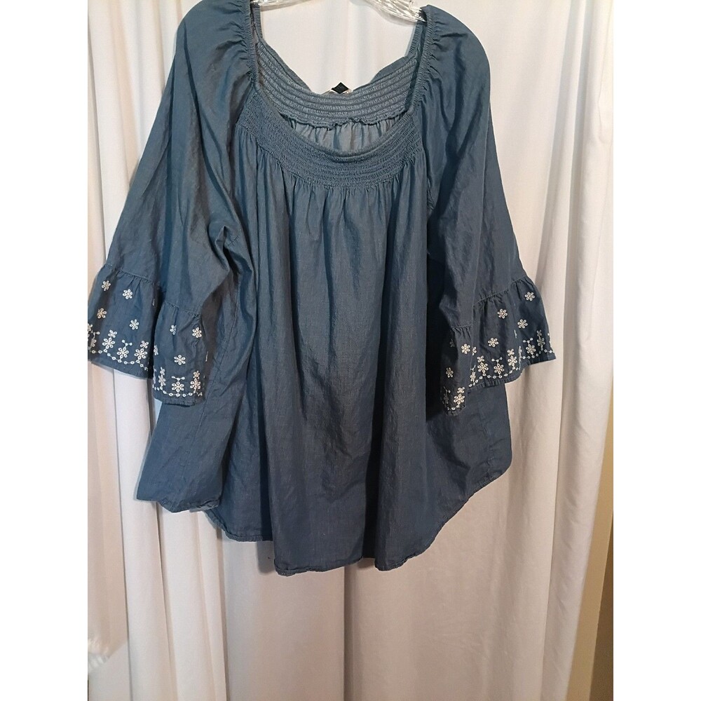 Terra & Sky Denim Boho Peasant Blouse 2X (20-22) Embroidery Bell Sleeve Artsy